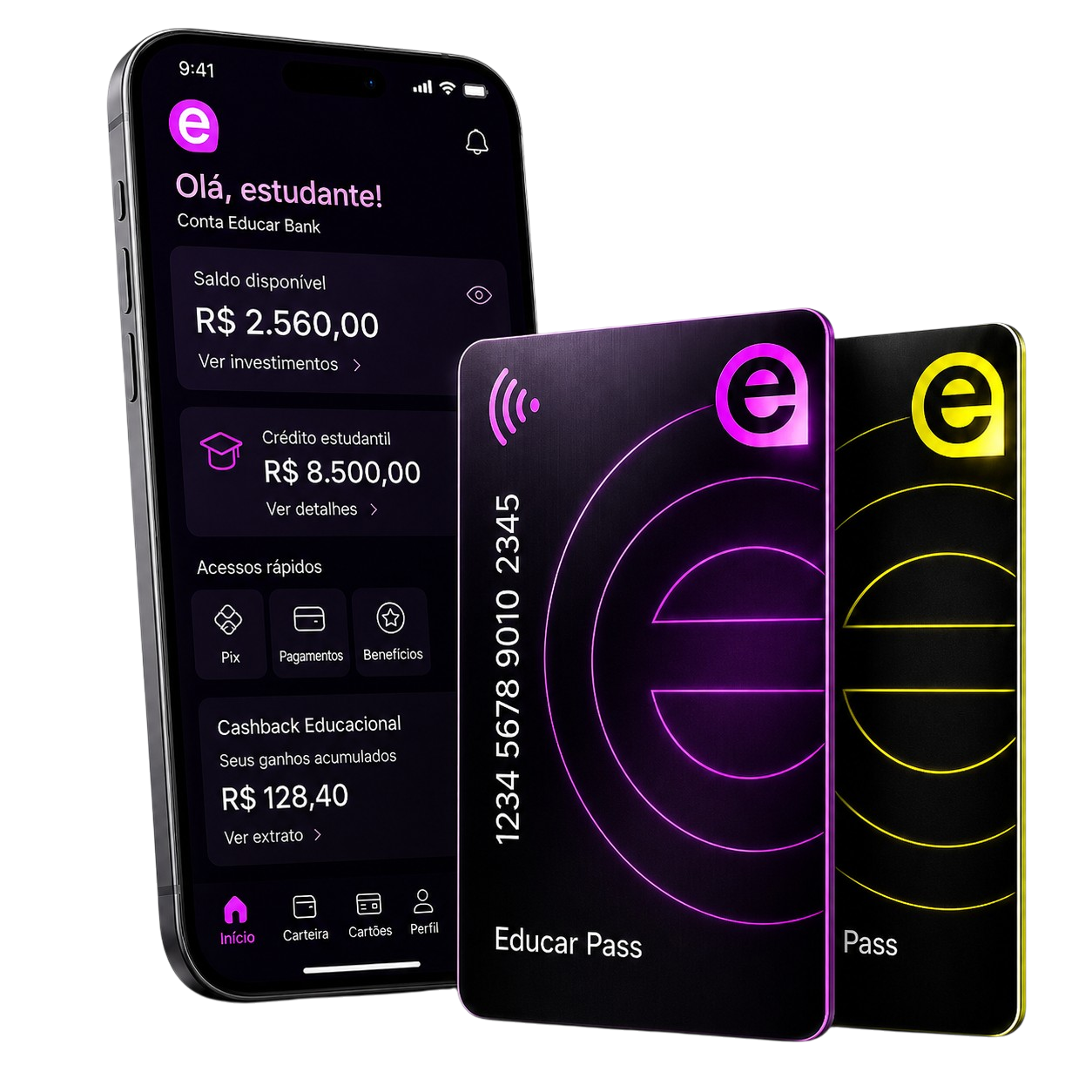 App Educar Bank no smartphone com cartão Educor Pass
